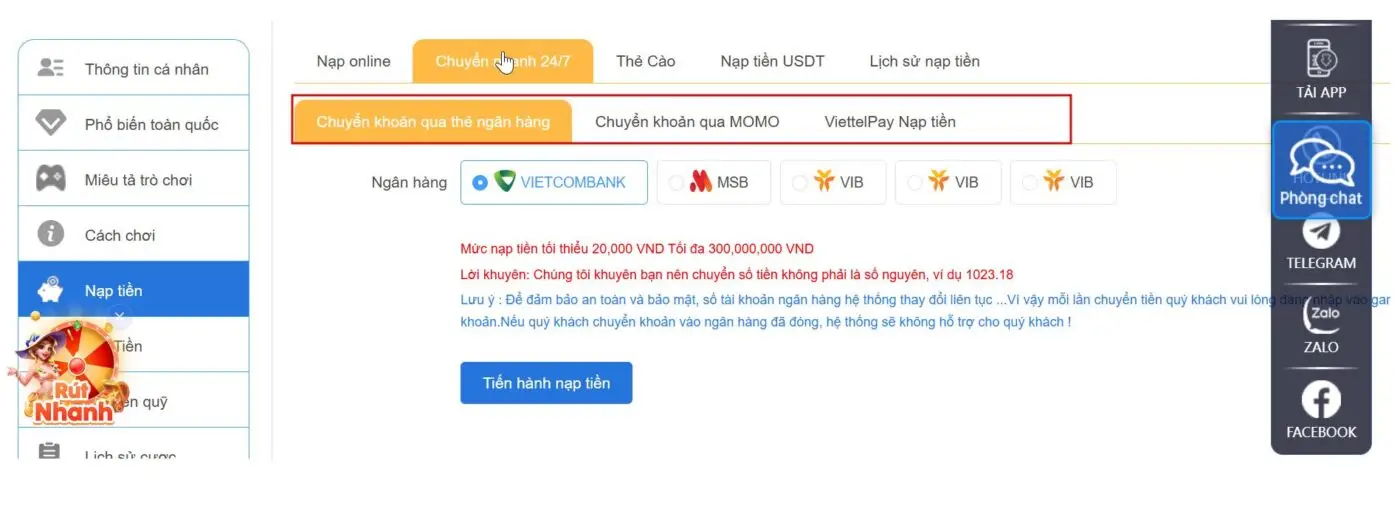 bước 2 nạp tiền qh88 hình thức chuyển nhanh 247