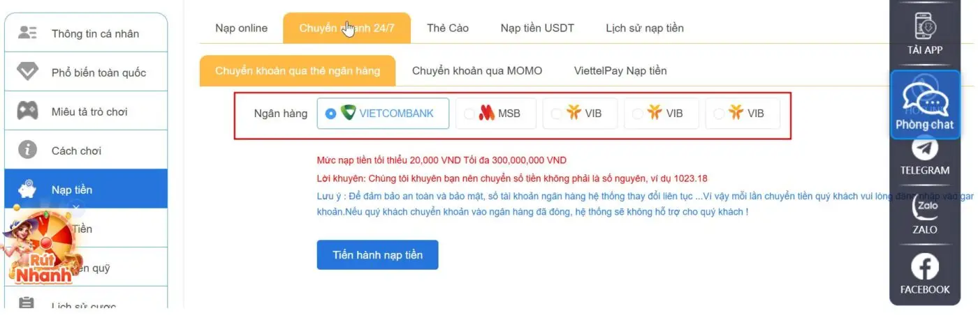 bước 3 nạp tiền qh88 hình thức chuyển nhanh 247