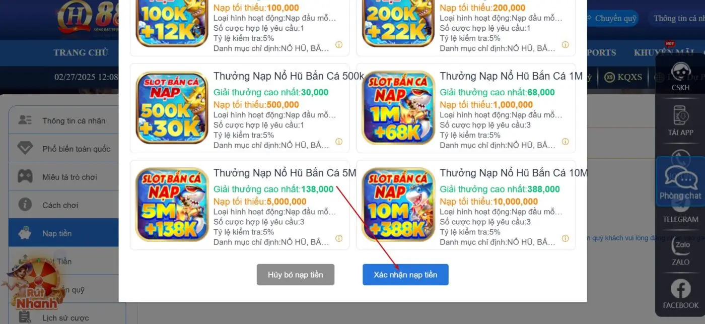 bước 7 nạp tiền qh88 hình thức chuyển nhanh 247