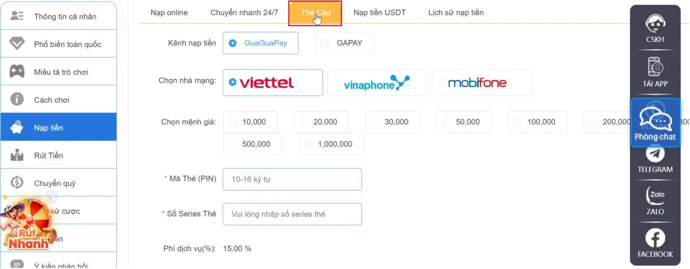 nạp tiền qh88 hình thức thẻ cào